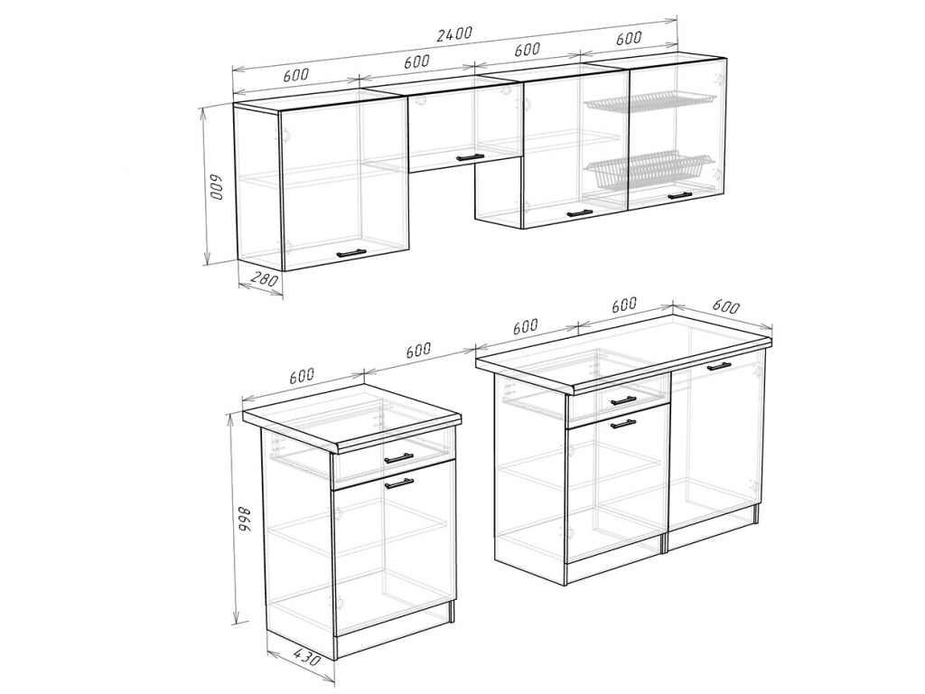 Глубина нижних кухонных шкафов для столешницы 600