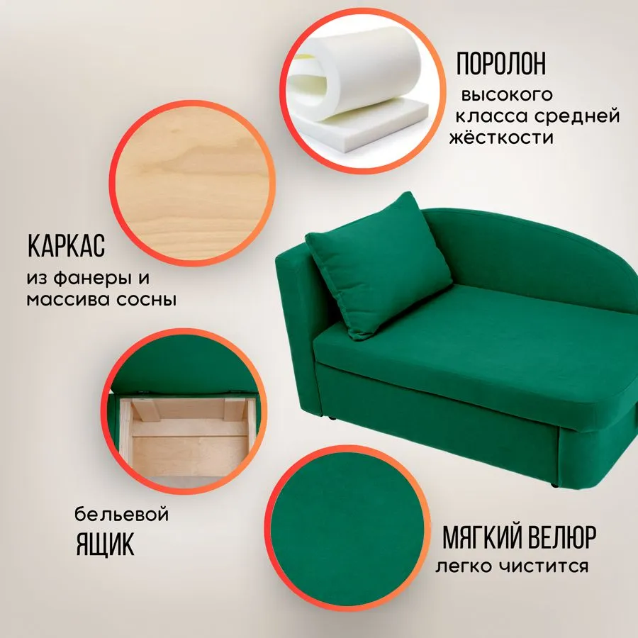 Диван-кровать левая 1050 изумрудный Brendoss в Екатеринбурге - mebel-e96.ru