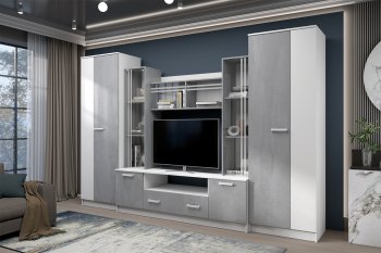 Стенка Николь-2 белый/бетонный камень(Зарон) в Екатеринбурге - mebel-e96.ru