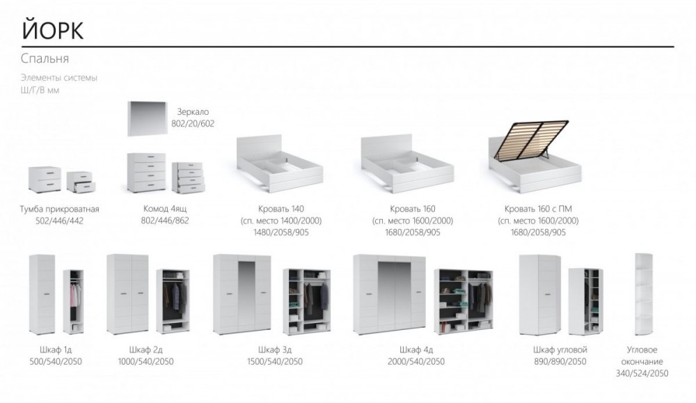 Мебель йорк белый глянец размеры